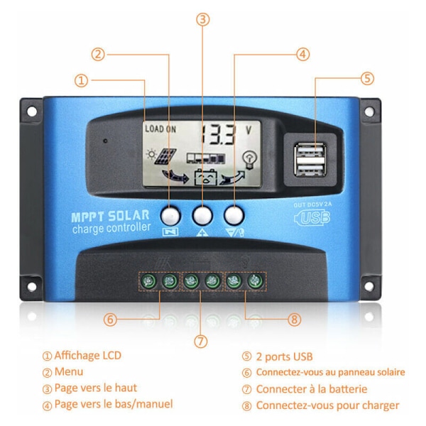 12V/24V Älykäs akku MPPT Aurinkopaneelin säädin Lataussäädin kaksois 5V USB-porteilla LCD-näyttö, Ylikuormitussuoja, 30A - 30A