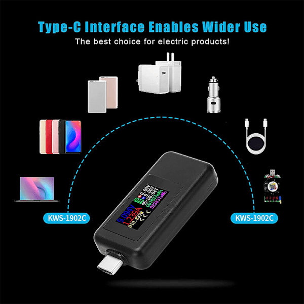 Type-C USB-strømmåler 4-30V USB-C spenning strømtester Timing Amperemeter 10 i 1 USB-C ladefarge skjerm, hvit