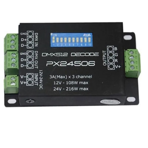 PX24506 LED-kontroller DMX 512 Dekoder Driver 9A Forsterker 12V 24 RGB Strip Lights