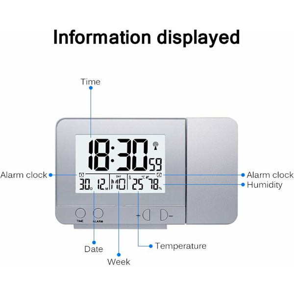Projektionsure, Elektronisk Vækkeur med Dobbelt Alarm, 12/24 Timer, Dato, Indendørs Temperatur- og Fugtighedsindikator (Sølv)-