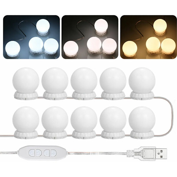LED Spejllys Kit til Kommode, med 10 Justerbare Pærer, 10 Lysstyrker og 3 Lystilstande, USB-Type, Hvid - Hvid