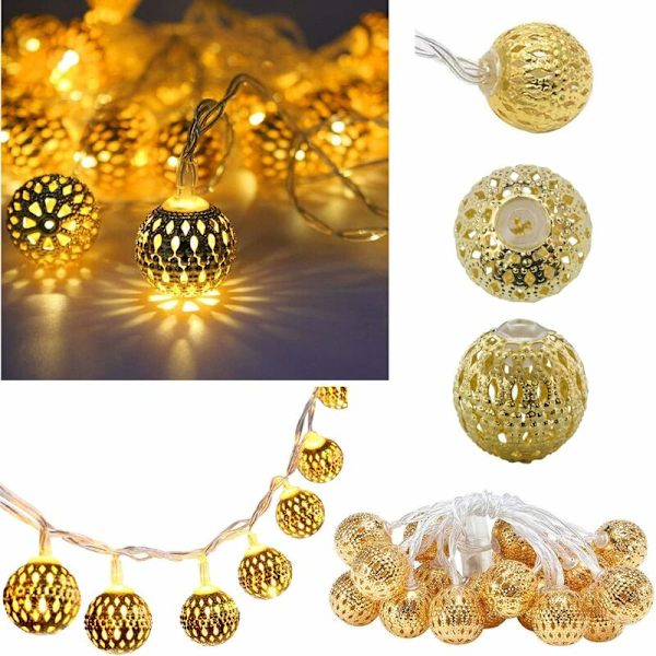 Marokkansk LED-lysguirlande - 2 meter - 10 varme hvide LED'er - Gylden orientalisk dekoration - Lyskugleguirlande - Juledekoration, Have, Fødselsdag