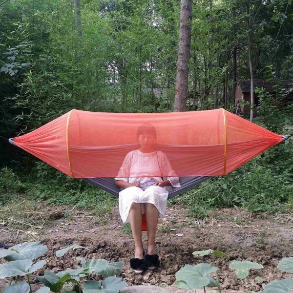 Udendørs Camping Udstyr Hængekøje Bundet Med Rivfast Nylon Netting Åben Myggenet Hængekøje 275X145Cm- Grå Orange