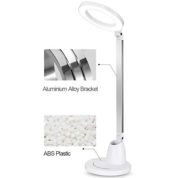 LED-skrivebordslampe, øjenbordlamper, dæmpbar skrivebordslampe med USB-opladningsport, 7 lysstyrkeniveauer, trykkontrol, hvid, 9W
