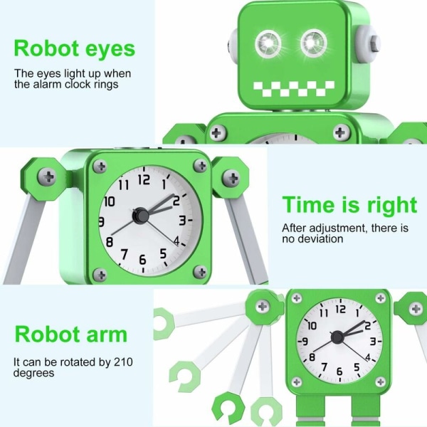Vekkerklokke for gutter for barn, robotvekkerklokke for barn Analog vekkerklokke No Check Stille vekkerklokke for gutter, jenter, gutter (grønn)