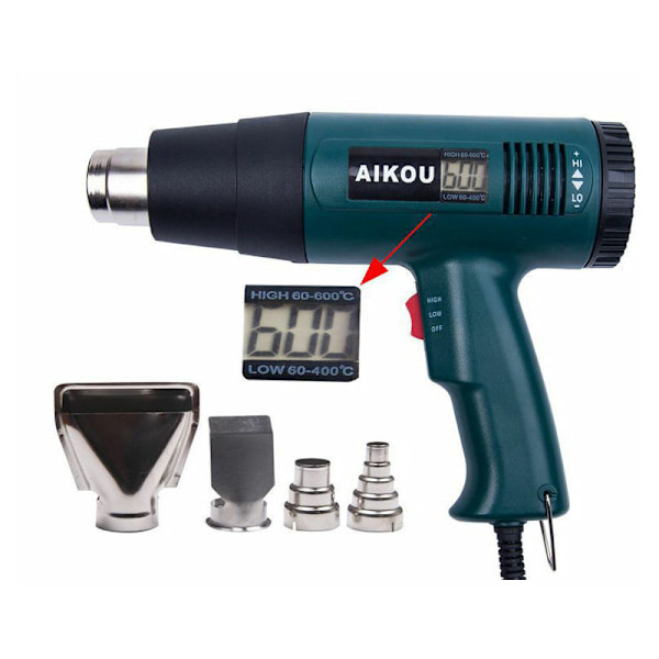 Varmepistol, varmluftpistol 1800W LCD digital skjerm temperatur 60 til 600 grader Celsius rask oppvarming, luftstrøm 300 til 550L / min + 4 dyser