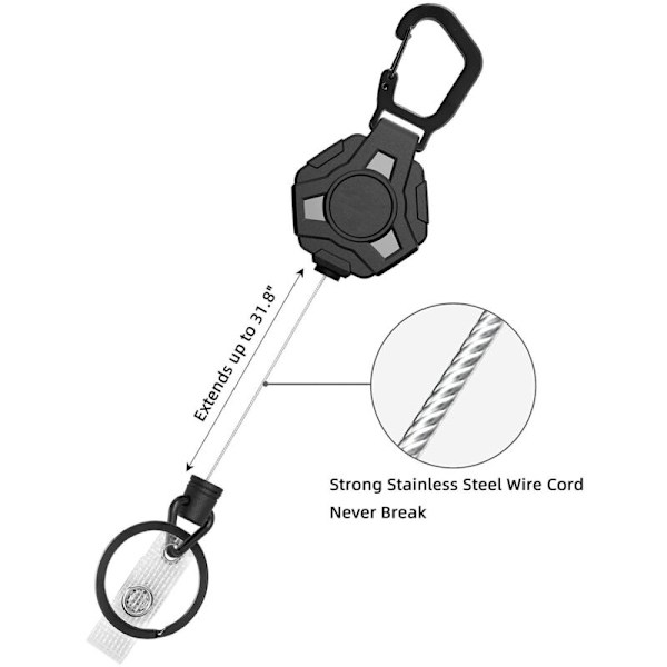 4 stk. Heavy Duty Retractable Nøgleringe, Retractable Badge Reels, Badge Holder med Karabinhage, Belagt Stålsnor 31,8 Tommer