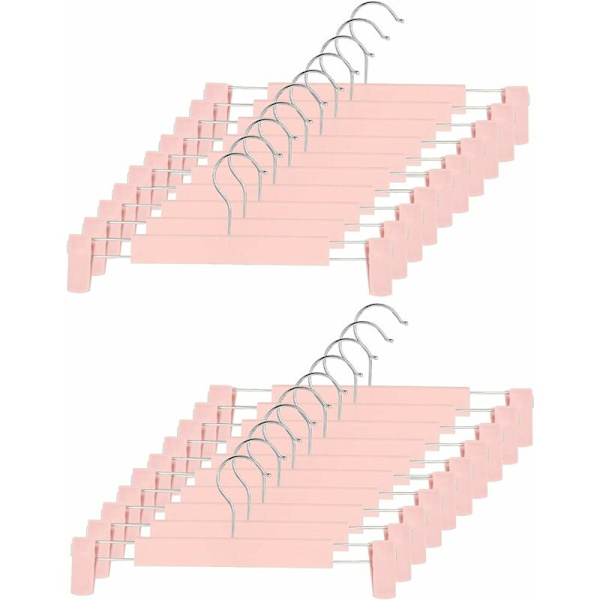 Platsbesparande kjolhängare med 360° vridbara krokar, justerbara klämmor, galgar för byxor, kläder, rockar, kläder och jeans (20-pack, rosa)