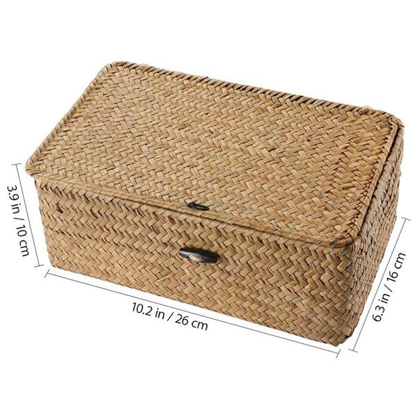 Rattan- ja Merilevästä Kudottu Säilytyskori, Käsintehty Monikäyttöinen Säiliö Kannella (10cm)