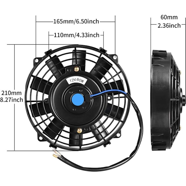 Universal Slim Push-Pull Ventilator Køleventilatorer Elektrisk Radiator Motor 12V 80W med Kit (Diameter 12 Tommer)