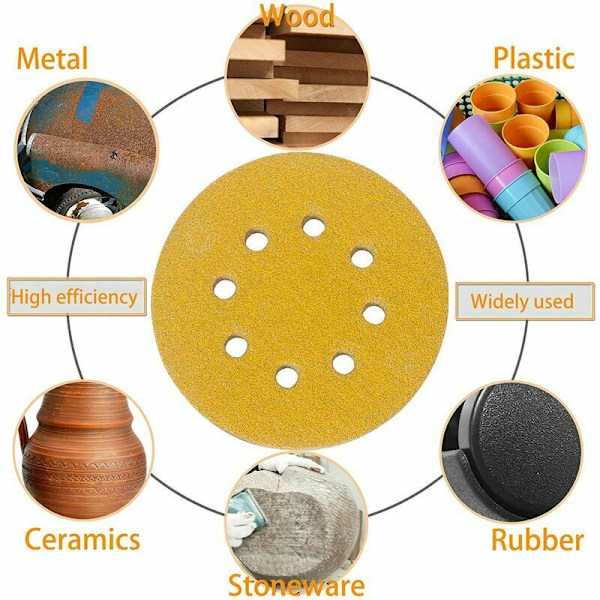 Sæt med 100 slibeskiver 125 mm velcro, slibeskiver 125 mm korn P800 8 huller guld, runde velcro slibeskiver, tilfældig orbital slibemaskine til blandet struktur