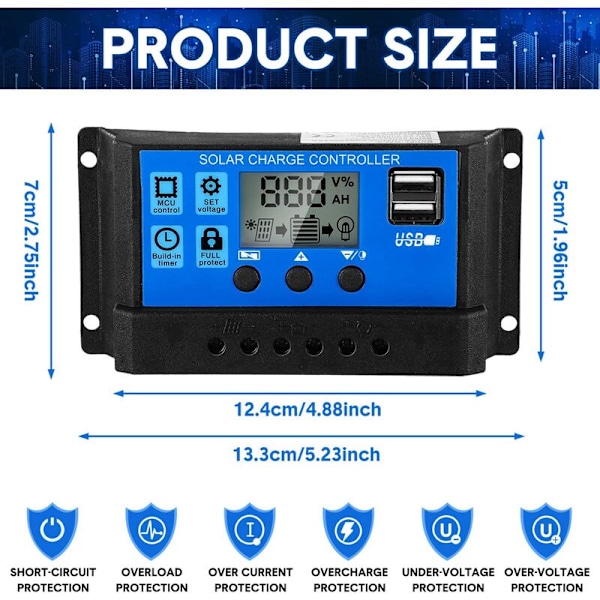 2 st 30A Solcells Batterikontroller 12V/24V Solpanel Laddningsregulator Solpanel Regulator