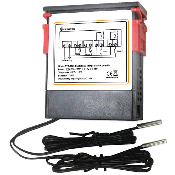Dubbel digital display termostat temperaturregulator med dubbel NTC-prob reläutgång, DC 24V - DC 24V
