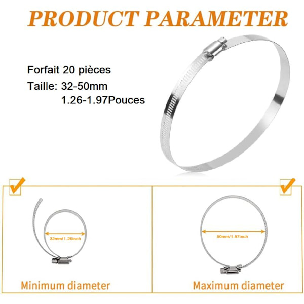 20 kpl Letkunklemma, Säädettävä Letkunklemma 32-50mm, 304 Ruostumattomasta Teräksestä Valmistettu Letkunklemma, Metalliletkunklemma, Letkulle, Koti- ja Kaasulle, Perheen Veden Letkulle, Kaapelille