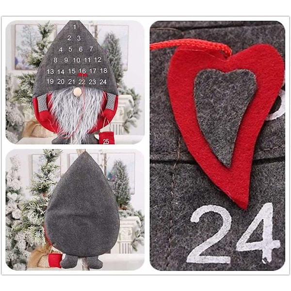 Adventskalender, svensk tomte nedräkningskalender med 24 dagars fickor, återanvändbar hängande adventskalender för juldekorationer (röd)