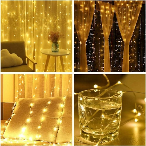 LED lysgardin, 3 m x 2 m, 200 LED, USB, 8 moduser med fjernkontroll, lysende julekrans for soverom, interiørdekorasjon, utendørs, fest, bryllup