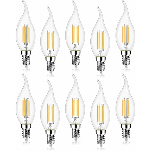 10-pack 4W LED-glödlampa E14 470LM Flamma Ljus Kallt Vitt 6000K, Ej Dimbar, 360° Strålvinkel