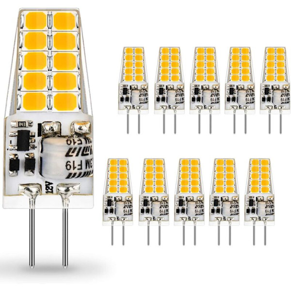 G4 LED-lampa, 2W motsvarande en 20W halogenlampa, G4 LED-lampor varmvit 3000K 220LM, ej dimbar AC/DC 12V 360 grader, 10 stycken [Energiklass E