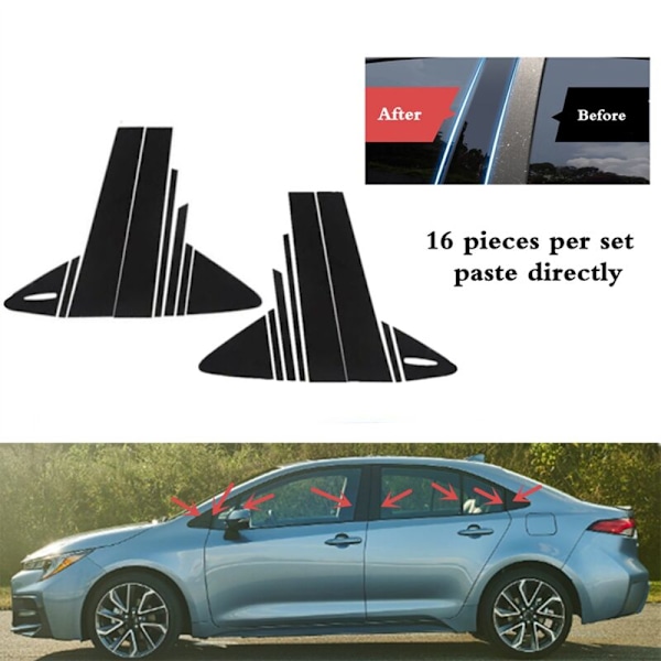 Side Door Window Pillar Posts Trim Piano Cover til 2020 2021 2022 Tilbehør Sort 16stk