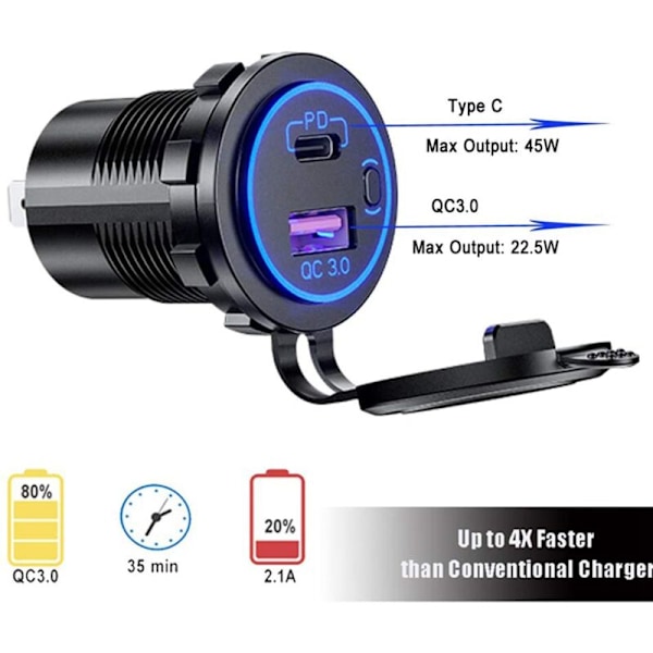 4X USB PD Type C & QC 3.0 Biloplader 12V Stikkontakt med Tænd/Sluk-knap