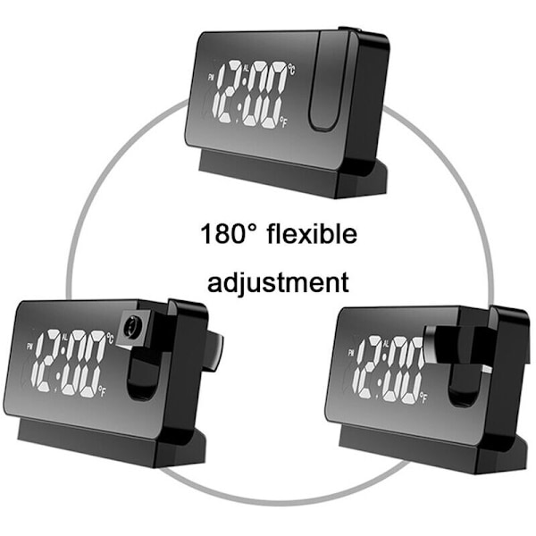 Projektionsväckarklocka för sovrum, digital väckarklockradio med 0-100 % dimmer och 2 USB-laddningsportar, 180° roterbar projektor, dubbel alarm, snooze