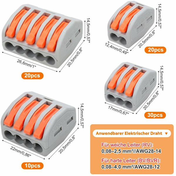 Hurtig elektriske kontakter sett, 80 stk Elektriske Domino elektriske terminalblokker 0,08-4,0 mm² Kompakte ledningskontakter med spak (2 innganger/3 innganger