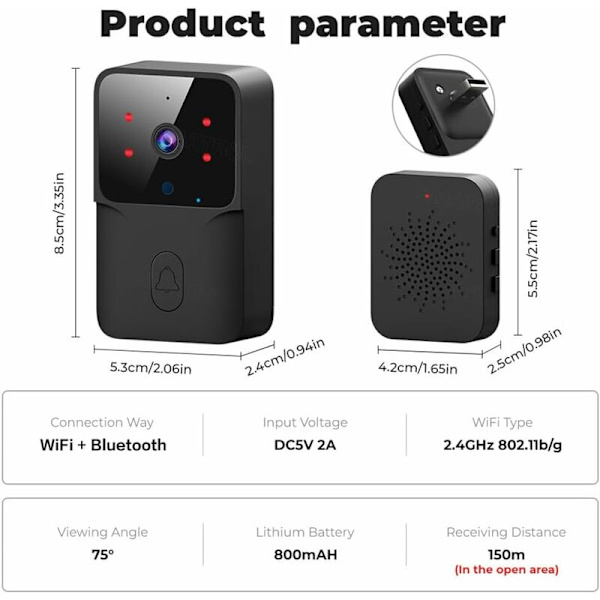 DoorDefender, trådlös videodörrklocka med kamera, WiFi smart videodörrklocka, smart videodörrklocka, trådlös smart videodörrklocka med chime (svart-