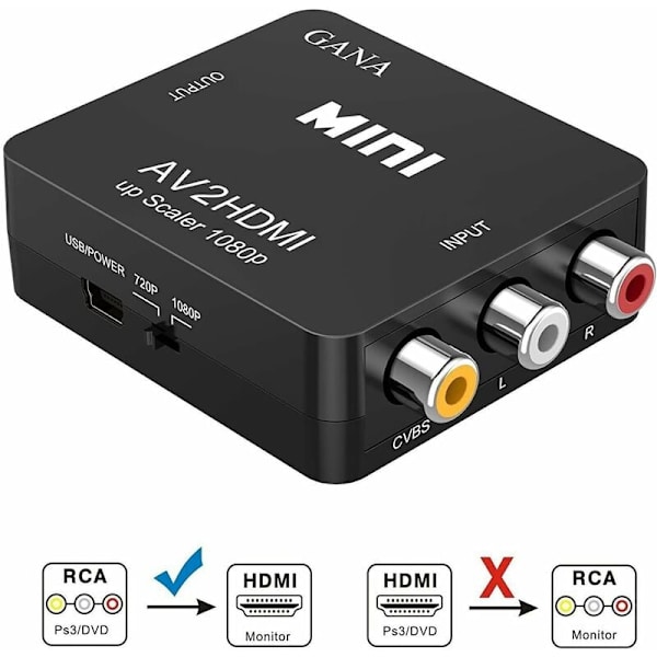 RCA-HDMI-sovitin AV-HDMI-muunnin AV-HDMI-sovitin tukee 1080P:tä USB-latauskaapelilla ja suojakotelolla PC:lle/Nintendo/Xbox/PS4/PS3/TV:lle/ST:lle