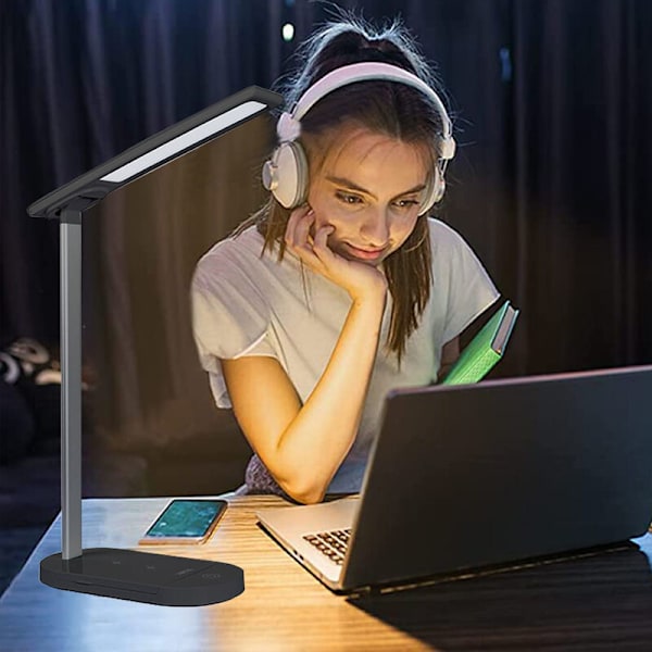 LED Bordlampe med Trådløs Oplader, Øjenvenlig Bordlampe, USB Opladningsport, Berøringsstyring til Soveværelse, Natbord, Kontor, Studie, Læsning