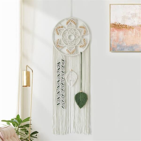 Macrame drömfångare för sovrum, väggdekor, stor bohemisk väggbonad med vävda löv, dekorativ prydnad