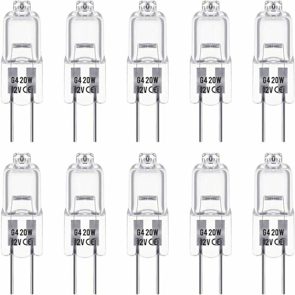 G4 Halogenpærer, 12V 20W, Varmt Hvidt 3000K, 350LM, Dæmpbar, Transparent, 10 Pak