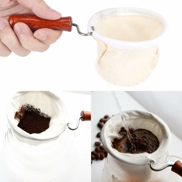 Ekologiset kangassuodattimet kahvinkeittimeen, kestävä pestävä flanellikangas kahvinkeitin puukahvalla kahvinkeittimen lisävarusteet (pieni)