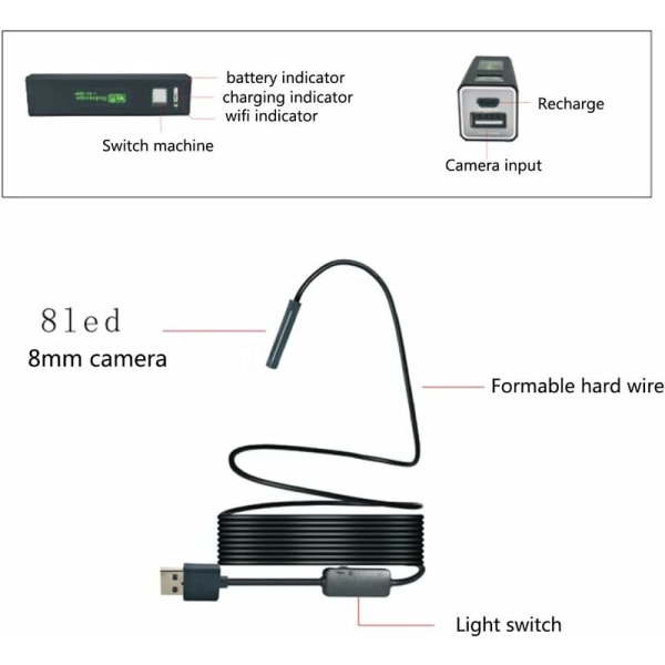 Industriellt WiFi Endoskop 5,0 Megapixel HD IP68 Borescope Vattentätt 8 Justerbar LED-inspektionskamera 600mAh Batteria för Android, iOS 4.2 (ovan)
