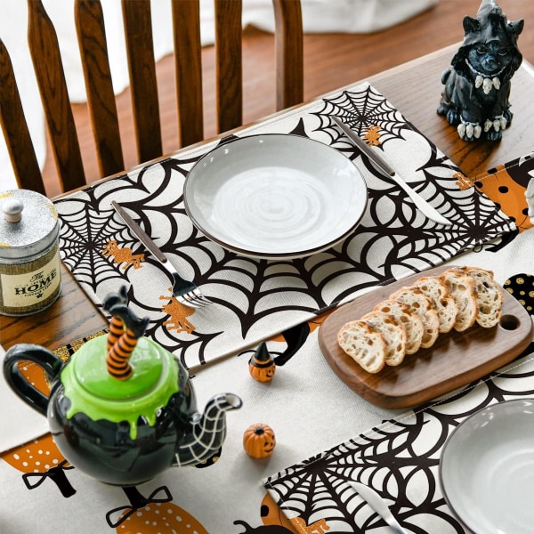 Spider Web placemats Sett med 4, 12x18 tommers festlige halloween-bordmatter for spisedekorasjon
