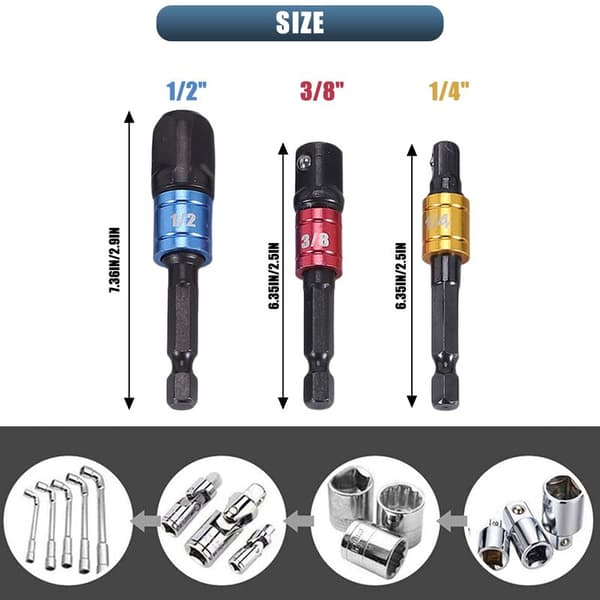 Fleksibel sekskant borrbit forlengelse socket skrutrekker bits, 3 stk universal socket adapter sett, skrutrekker bits