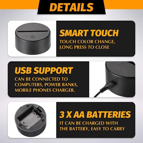 3D Lampe Base LED Nattelys 7 Farvetoner LED Lampe Base med Fjernbetjening USB-kabel til Akrylglas og Sort Harpiks