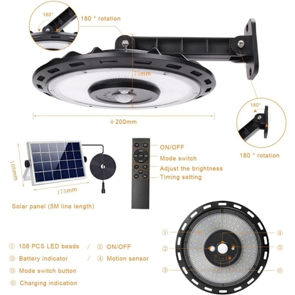 180 LED-lampor 1200LM Sollampa Utomhus Inomhus, 5 lägen, Hängande, Justerbar Solpanel, 5 Ljusstyrka med Fjärrkontroll, IP65 Vattentät LED-belysning