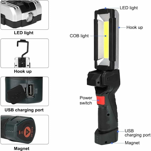 LED lommelykt med COB-lys, bærbar USB-ladbare inspeksjonslampe med magnetisk base, ultra-lyssterk med 5 lysmoduser for DIY-verkstedet