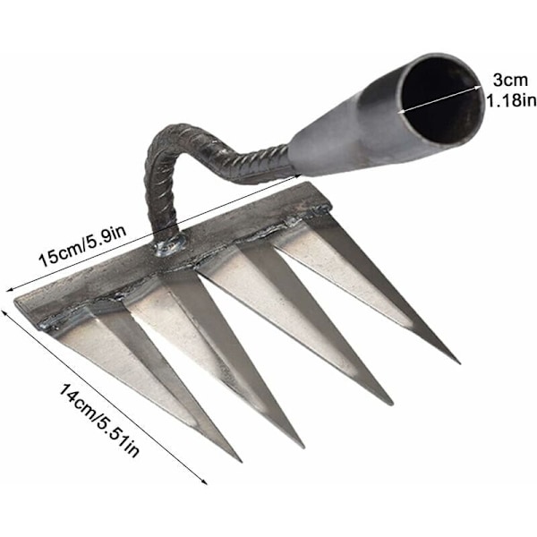 Hage Rake, Lukerake, Hage-Scarifier Rake, Metalltunge Rake med Tunge, 4-Tannet Spikerake, Stålrake, Landbruksverktøy, Metall Hage Rake