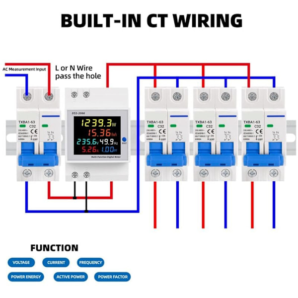 Digital enfaset AC 40-300V 100A DIN-skinne 6 i 1 Voltmeter Amperemeter Watt Kwh Frekvensmåler 110V (Innebygd CT)