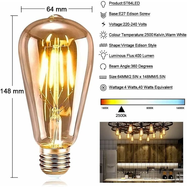 LED Edison -lamppu, 1 kpl E27 LED-lamppu Vintage-koristelamppu Retro Edison -antiikkilamppu ST64 4W Lämmin valkoinen LED-hehkulanka ravintolaan