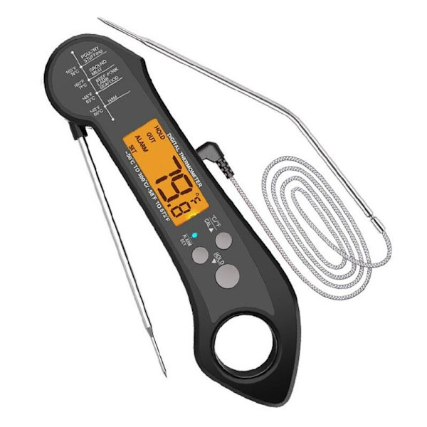 Professionell Mattermometer, 1 Sekunds Avläsning, 2 Rostfria Sondar, 1 Grads Noggrannhet, Alarm, Magnetisk, Timerfunktion, Svart