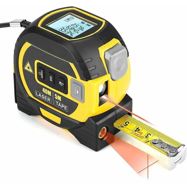 3 i 1 Digital Laser Måler med Krydset Laserlinje, 131Ft Digital Laser Afstandsmåler, 16Ft Målebånd med LCD Baggrundsbelysning til Afstand, Areal, Volumen