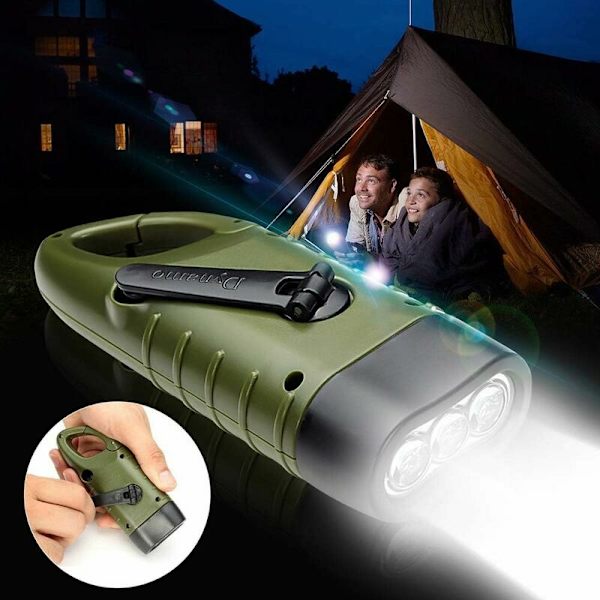 Genopladelig solcelle lommelygte (2 stk.), LED nødlys dynamo håndsving lommelygte med karabinhage til vandreture rejse camping klatring, (army grøn)