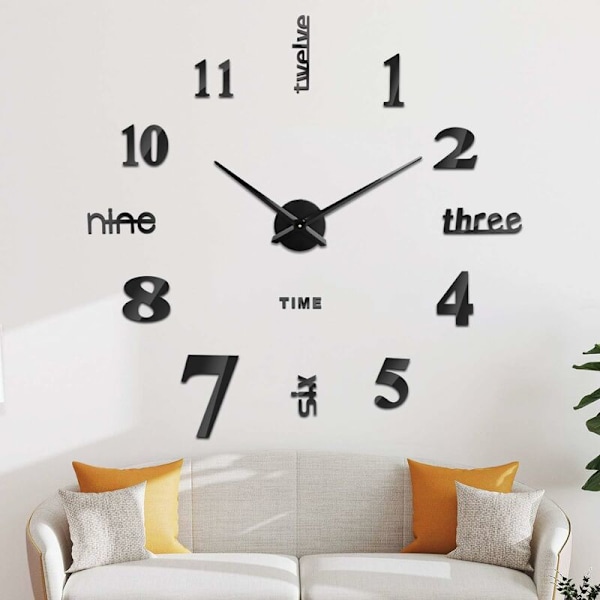 3D Väggklocka, DIY Digital Väggklocka, Tyst Rörelse, Modern Design Väggklocka, Jätteväggklocka för Sovrum Kök Vardagsrum (60-120 cm), Svart