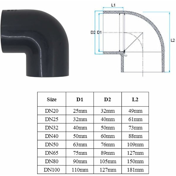 PVC-kulma 90° PVC-liitin 50mm - putkitarvike, DN40（2 kpl）