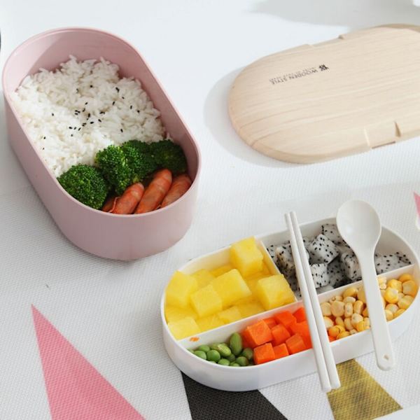 Bento Box Madkasse Madbeholder med Bestik til Voksne og Børn Mikrobølgeovnsikker Bento (Hvid)