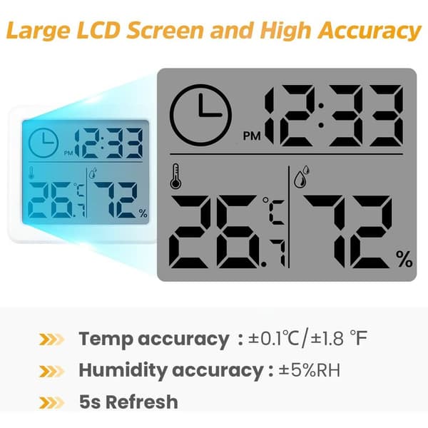 Termometer Hygrometer Högprecisionsmonitor, LCD med inomhusfuktighet Tid och termometer, för kontor, växthus (batteri ingår)