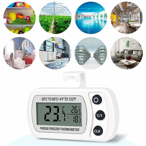 2 kpl jääkaapin pakastinlämpömittaria Frigidaire digitaalinen lämpötila -20 - 50 °C koukulla, helppo lukea LCD-näyttö, Max Min -tallennustoiminto (Whi
