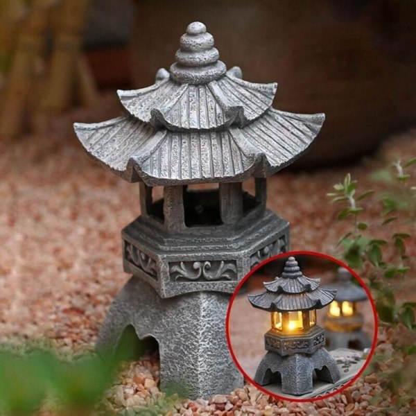 Solcelledrevet Pagoda Lykt Statuer, Japansk Stil Pagoda Lys Hage Ornamenter, Dekorativ Frittstående Lysende Vintage Pagoda for Plen